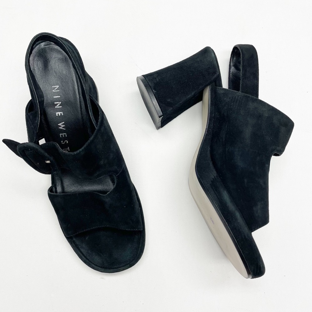 Vintage Nine West Lexine Original 70s Platform Chunky Sandals Black Suede 8.5